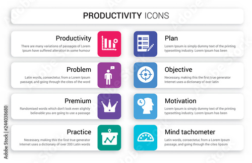 Set of 8 white productivity icons such as Productivity, Problem, Premium, Practice, Plan, Objective isolated on colorful background