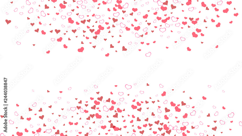 A sample of wallpaper design, textiles, packaging, printing, holiday invitation for wedding. Red on White background Vector. Red hearts of confetti are falling. Spring background.