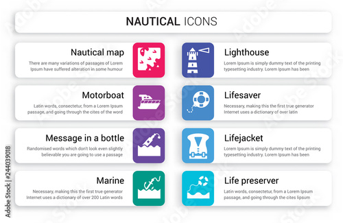 Set of 8 white nautical icons such as Map, motorboat, Message In a Bottle, marine, Lighthouse, Lifesaver isolated on colorful background