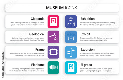 Set of 8 white museum icons such as Gioconda, Geological, Frame, Fishbone, Exhibition, Exhibit isolated on colorful background