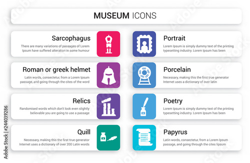 Set of 8 white museum icons such as Sarcophagus, roman or greek Helmet, Relics, Quill, Portrait, Porcelain isolated on colorful background