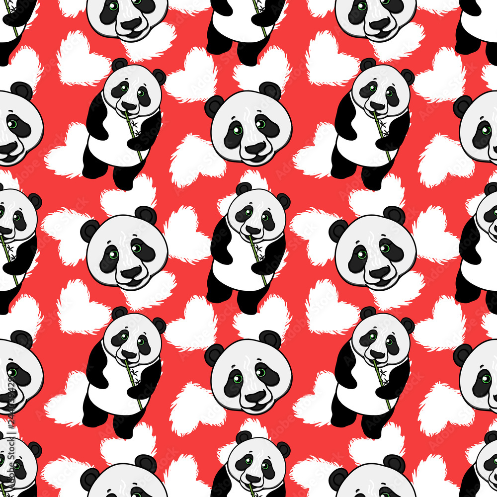 Cute Panda seamless pattern with heart. Vector hand drawn illustration on red. Cute Panda seamless pattern with heart. Vector hand drawn illustration on red.