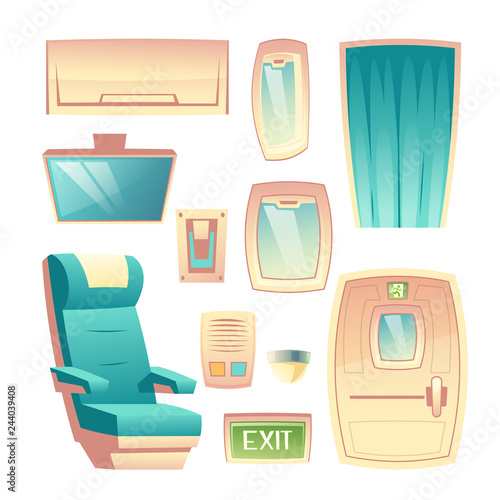 Modern airlines passenger aircraft saloon interior design elements cartoon vector set with comfortable seat, plug door, porthole, TV screen and signal lights illustrations isolated on white background