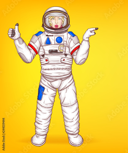 Vector pop art surprised astronaut woman in space suit points to sale. Cartoon character in helmet, uniform for exploration isolated on yellow background. Blonde girl, spacewoman holds thumb up.