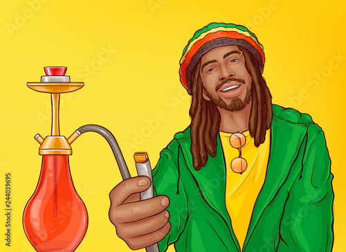 Relaxed smiling and carefree rasta man with dreadlocks in crocheted rastacap offering to smoke hookah pop art vector illustration. Marijuana, cannabis legal retail shop advertising banner template