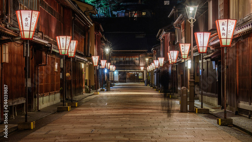 Lanterns and street at night in Higashi Chayagai, Kanazawa, Japan.