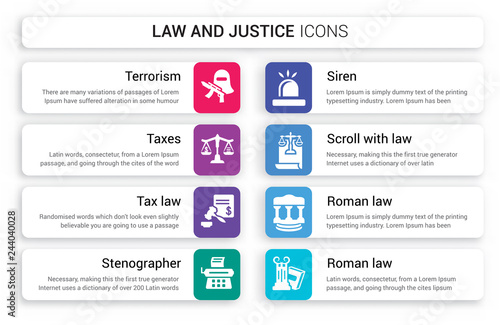Set of 8 white law and justice icons such as terrorism, Taxes, Tax law, Stenographer, Siren, Scroll with isolated on colorful background