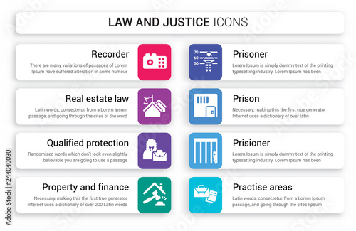 Set of 8 white law and justice icons such as Recorder, real estate law, qualified protection, property finance, Prisoner, Prison isolated on colorful background