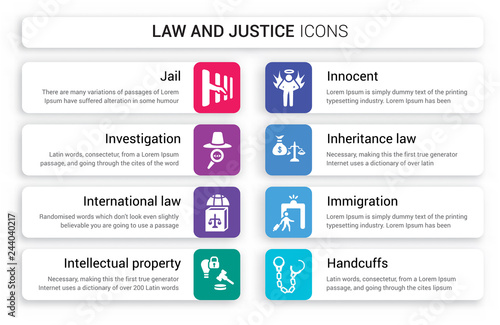 Set of 8 white law and justice icons such as Jail, Investigation, International law, Intellectual property, Innocent, inheritance isolated on colorful background