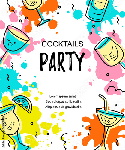 Vector illustration with cocktail glasses and paint splashes. Template for bar menu, party, alcohol drinks, holidays, flyer, brochure, poster, banner. Flat and outline style. 