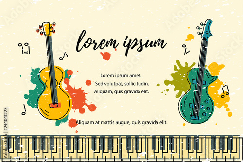 Vector illustration with bass guitar and acoustic guitar, paint splashes. Template for invitation, guitar lessons, shop, web, poster, banner.