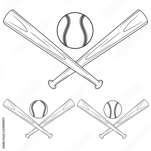 Two crossed wooden baseball bats and ball. Vector illustration isolated on white background. For sport logo, emblem, symbol.