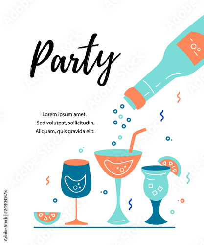 Vector illustration with cocktail glasses and bottle. Template for bar menu, party, alcohol drinks, holidays, flyer, brochure, poster, banner. Flat and outline style vector illustration.