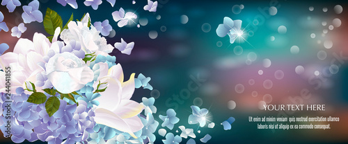 Vector banner with Luxurious hydrangea and roses flowers for invitation, sales, packaging, natural cosmetics, perfume. Space for text.
