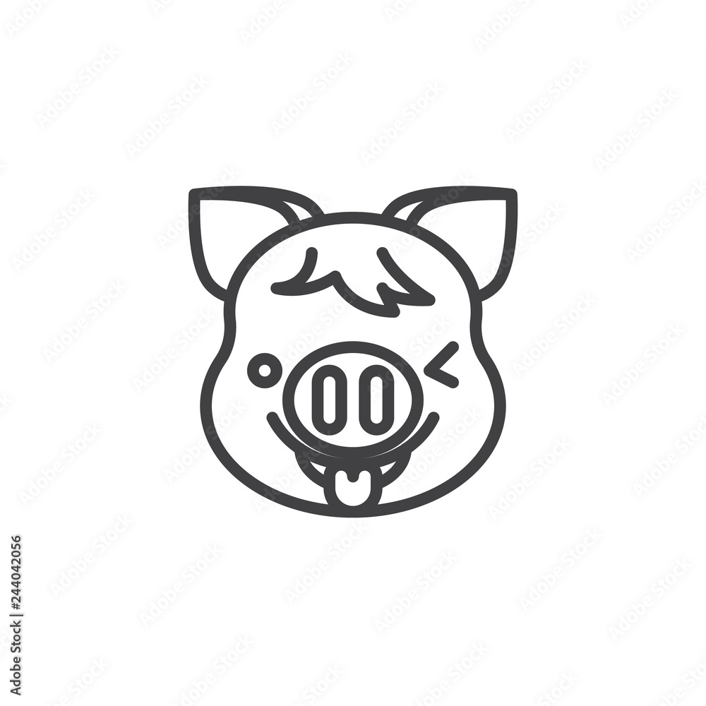 Winking Piggy Face With Tongue Emoji line icon. linear style sign for mobile concept and web design. Happy piggy face emoticon outline vector icon. New year Pig head symbol, logo illustration.