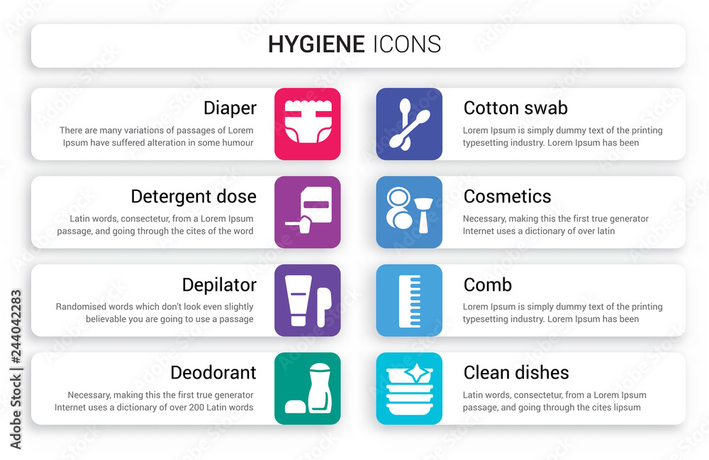 Set of 8 white hygiene icons such as Diaper, Detergent dose, Depilator,  Deodorant, Cotton swab, Cosmetics isolated on colorful background Stock  Vector | Adobe Stock
