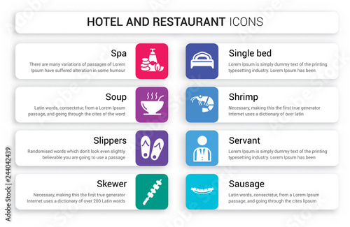 Set of 8 white hotel and restaurant icons such as Spa, Soup, Slippers, Skewer, Single bed, Shrimp isolated on colorful background
