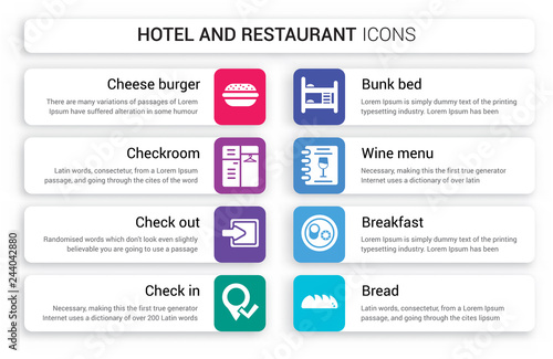 Set of 8 white hotel and restaurant icons such as Cheese burger, Checkroom, Check out, in, Bunk bed, Wine menu isolated on colorful background