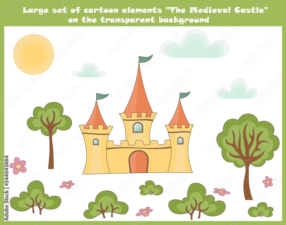 Large set of cartoon elements on the transparent background. The medieval castle, drawn trees, bushes, cute pink flowers, sun, funny clouds isolated for fairy illustration construction