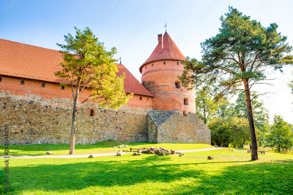 Trakai castle with brick walls on island in Lithuania