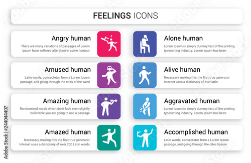 Set of 8 white feelings icons such as angry human, amused amazing amazed alone alive human isolated on colorful background
