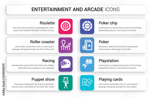 Set of 8 white entertainment and arcade icons such as Roulette, Roller coaster, Racing, Puppet show, Poker chip, isolated on colorful background