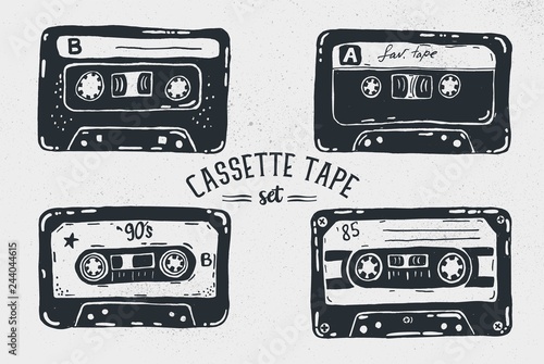 Set of Hand drawn ink illustration of vintage music cassette tapes. Vector illustration
