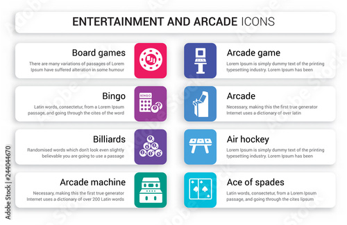 Set of 8 white entertainment and arcade icons such as Board games, Bingo, Billiards, Arcade Machine, game, isolated on colorful background