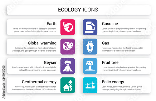 Set of 8 white ecology icons such as earth, Global warming, Geyser, Geothermal Energy, Gasoline, Gas isolated on colorful background