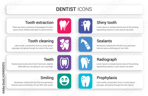 Set of 8 white dentist icons such as Tooth extraction, cleaning, Teeth, Smiling, Shiny Tooth, Sealants isolated on colorful background