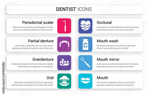 Set of 8 white dentist icons such as Periodontal scaler, Partial Denture, Overdenture, Oral, Occlusal, Mouth Wash isolated on colorful background