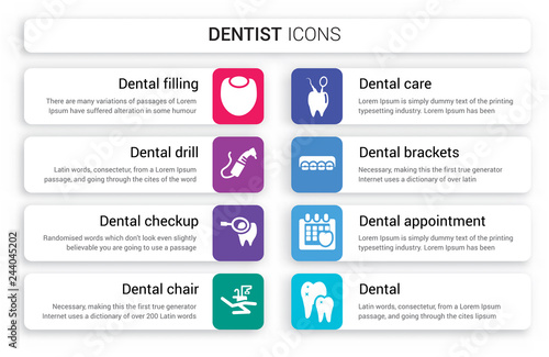 Set of 8 white dentist icons such as Dental filling, drill, Checkup, chair, care, Brackets isolated on colorful background