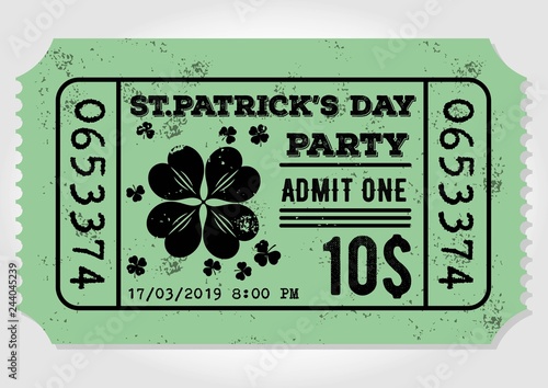 Saint Patrick's Day party celebration invitation, ticket, admit one. Vintage style vector illustration