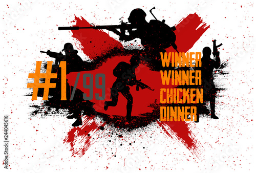 Playerunknown's Battlegrounds ( PUBG ) Poster and phrase from the game - winner winner chicken dinner. Vector pubg illustration in grunge style. Game squad concept