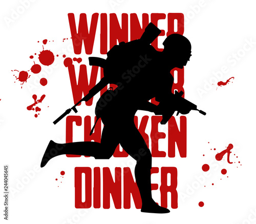 Silhouette of a running soldier, PUBG player. in uniform, Playerunknown's Battleground. Vector illustration logo and text Winner winner chicken dinner. Battle royal concept fortnite, pubg