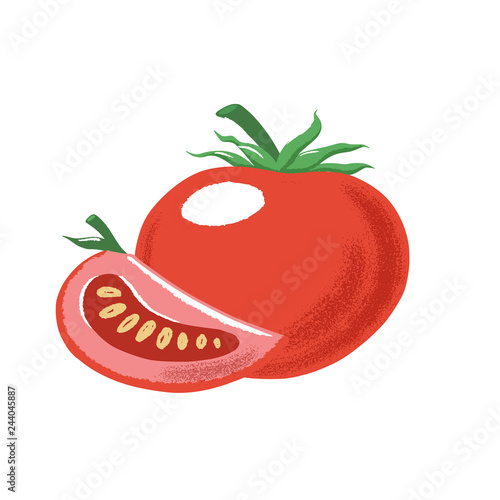 Composition of whole and slice of red ripe tomato
