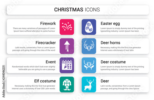 Set of 8 white christmas icons such as Firework, Firecracker, Event, Elf costume, Easter egg, Deer horns isolated on colorful background