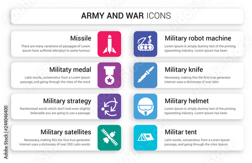 Set of 8 white army and war icons such as Missile, Militaty Medal, Military strategy, Satellites, robot machine, Knife isolated on colorful background