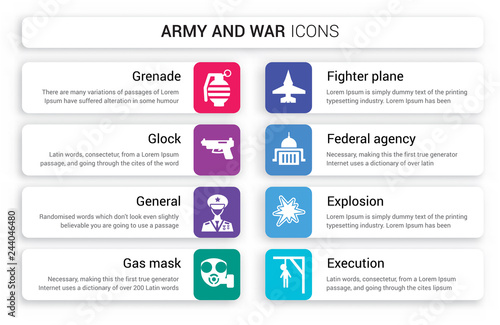 Set of 8 white army and war icons such as Grenade, , General, Gas mask, fighter plane, federal agency isolated on colorful background