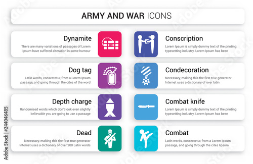 Set of 8 white army and war icons such as Dynamite, Dog tag, Depth Charge, Dead, conscription, Condecoration isolated on colorful background