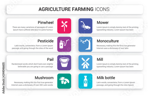 Set of 8 white agriculture farming icons such as Pinwheel, Pesticide, Pail, Mushroom, Mower, monoculture isolated on colorful background
