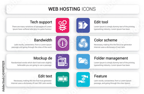 Set of 8 white web hosting icons such as Tech support, Bandwidth, Mockup de, Edit text, tool, Color scheme isolated on colorful background