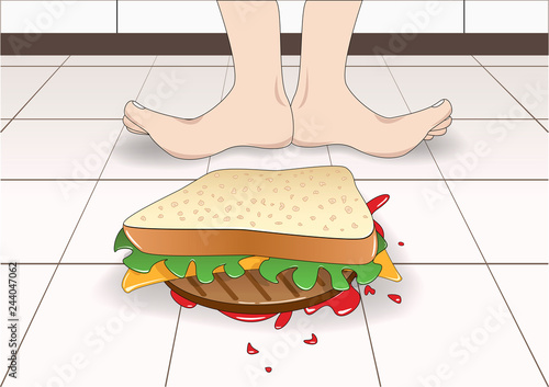 the sandwich fell to the floor top down, horizontal vector illustration