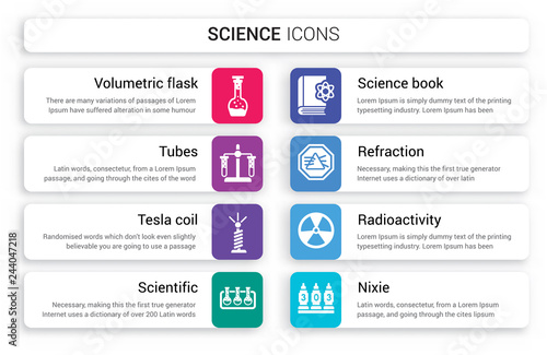 Set of 8 white science icons such as Volumetric flask, Tubes, Tesla coil, Scientific, Science book, Refraction isolated on colorful background