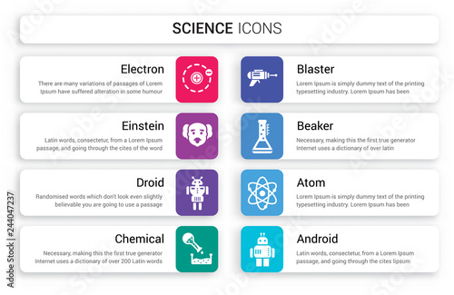 Set of 8 white science icons such as Electron, Einstein, Droid, Chemical, Blaster, Beaker isolated on colorful background