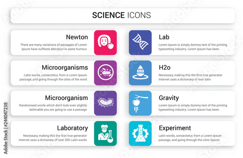 Set of 8 white science icons such as Newton, Microorganisms, Microorganism, Laboratory, Lab, H2o isolated on colorful background