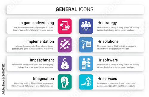 Set of 8 white general icons such as in-game advertising, implementation, impeachment, imagination, hr strategy, solutions isolated on colorful background