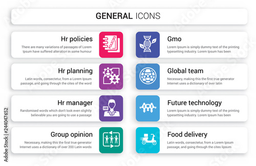 Set of 8 white general icons such as hr policies, planning, manager, group opinion, gmo, global team isolated on colorful background