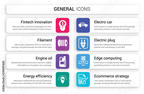 Set of 8 white general icons such as fintech innovation, filament, engine oil, energy efficiency, electro car, electric plug isolated on colorful background
