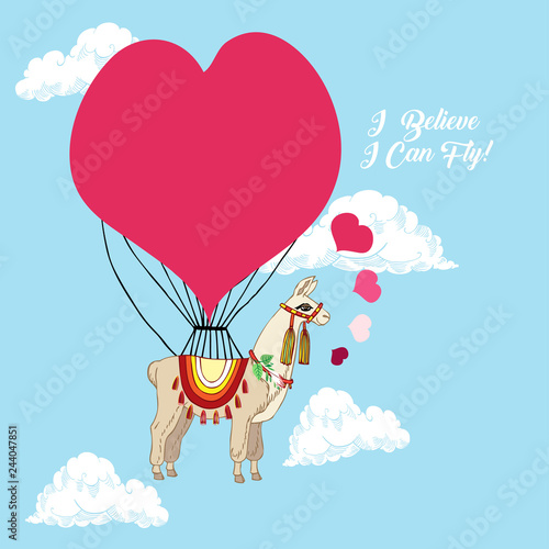 Llamas with pink heart. Hand drawn animals sketches